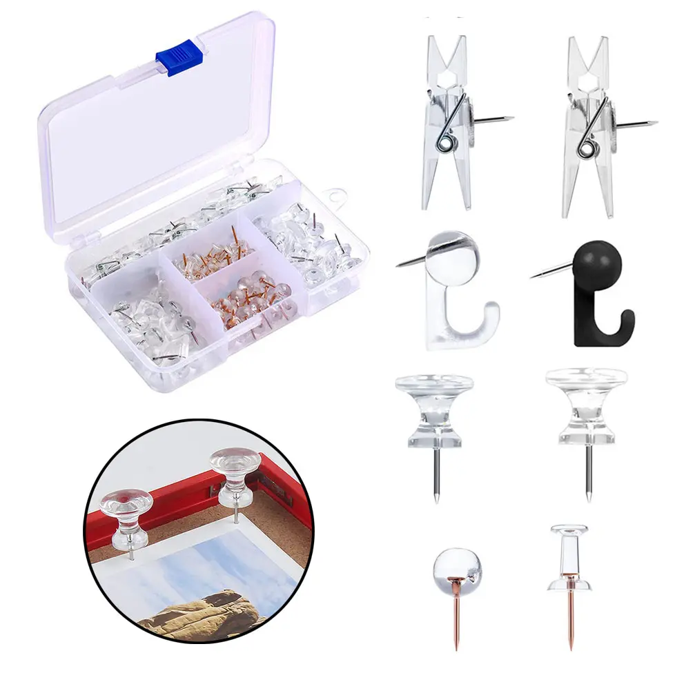 125pcs/box Push Pins Tacks Steel Point Clear Plastic Head set for Cork Board Bulletin Board and Craft Projects