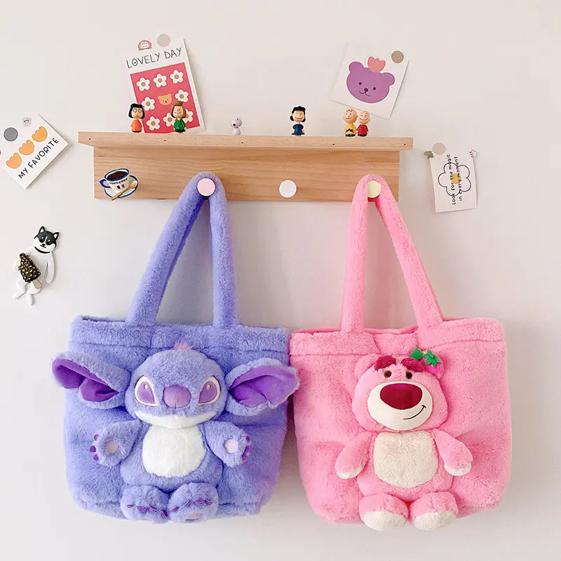 Disney 2025 Stitch Strawberry Bear New Cartoon Plush Doll Shoulder Bag Sweet and Cute Soft Cute Girls Handbag