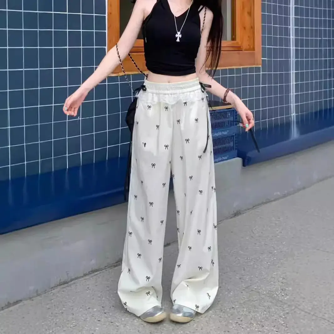 American Style Sweet Spicy Lace Splicing Casual Pants Women's Summer High-Waisted Fragrant Bell Bottoms Straight-Leg Dragging Tr