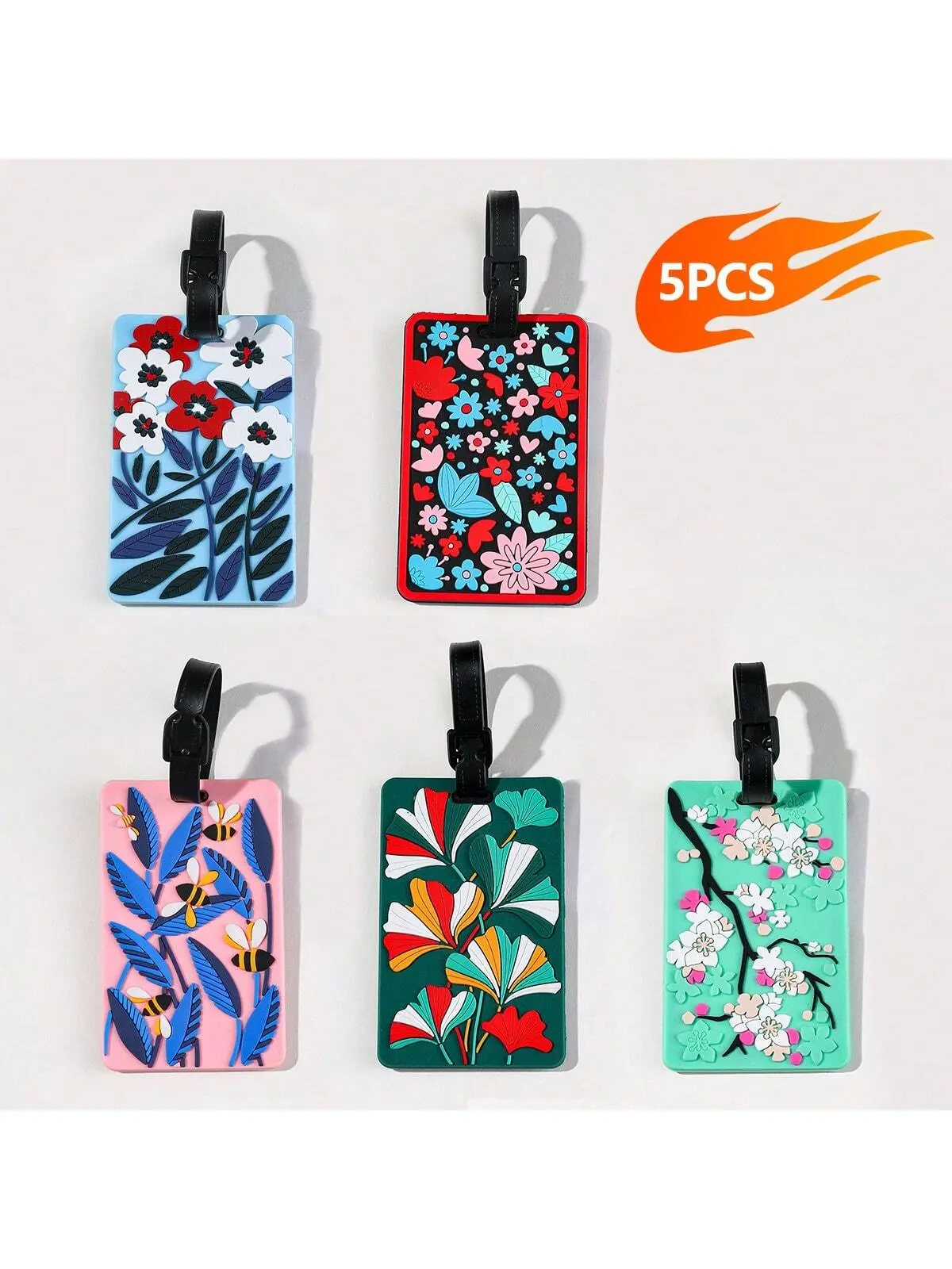 Luggage tags with floral patterns, aircraft boarding passes with colored luggage identifiers, and travel identification tagsA-DH