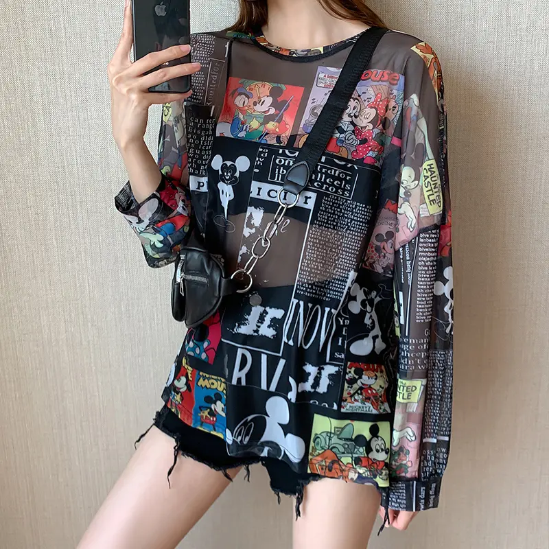 Summer Famous Anime Mickey Mouse Brand Mesh Shirt Women Sun Protection Transparent Long Sleeve Blouse Ladies T-shirt