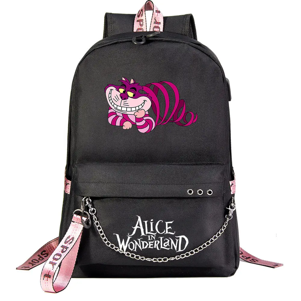  Alice In Wonderland Boys Girls Kids School Book Bags Women USB Chain Backpack Canvas Men Laptop Bagpack Packsack Bookbag