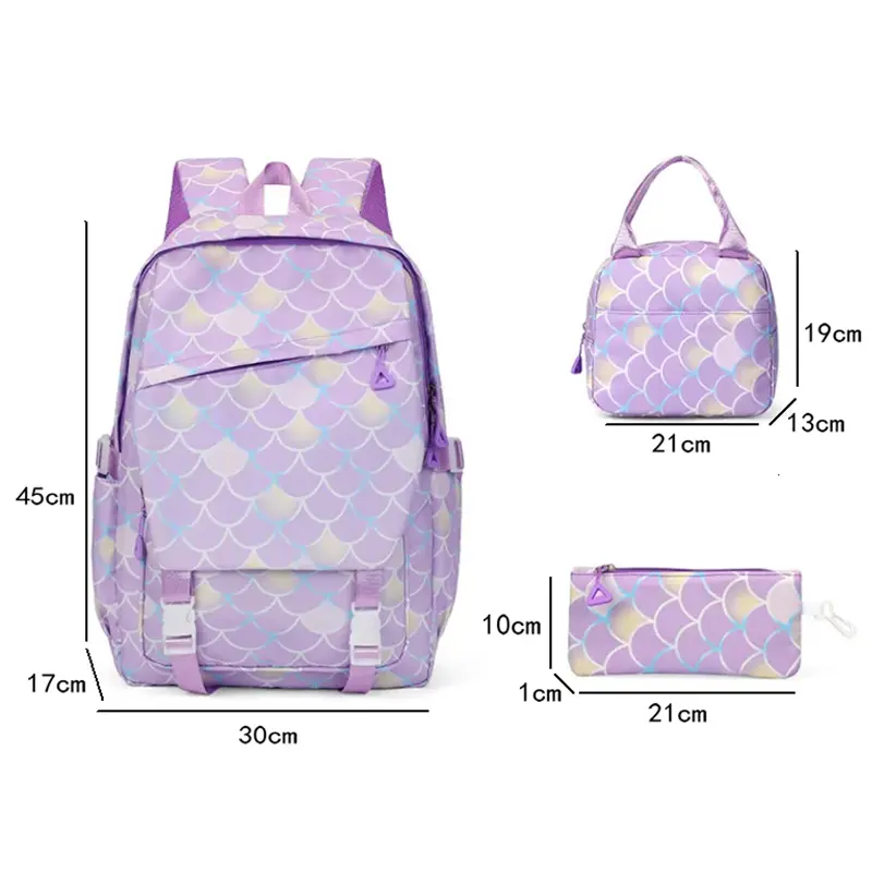 3Pcs Cinnamoroll Fish Scale Backpack Sets Lightweight Perfect for Daily Use Graduation Present Pen Lunch Bags Bookbag Knapsack