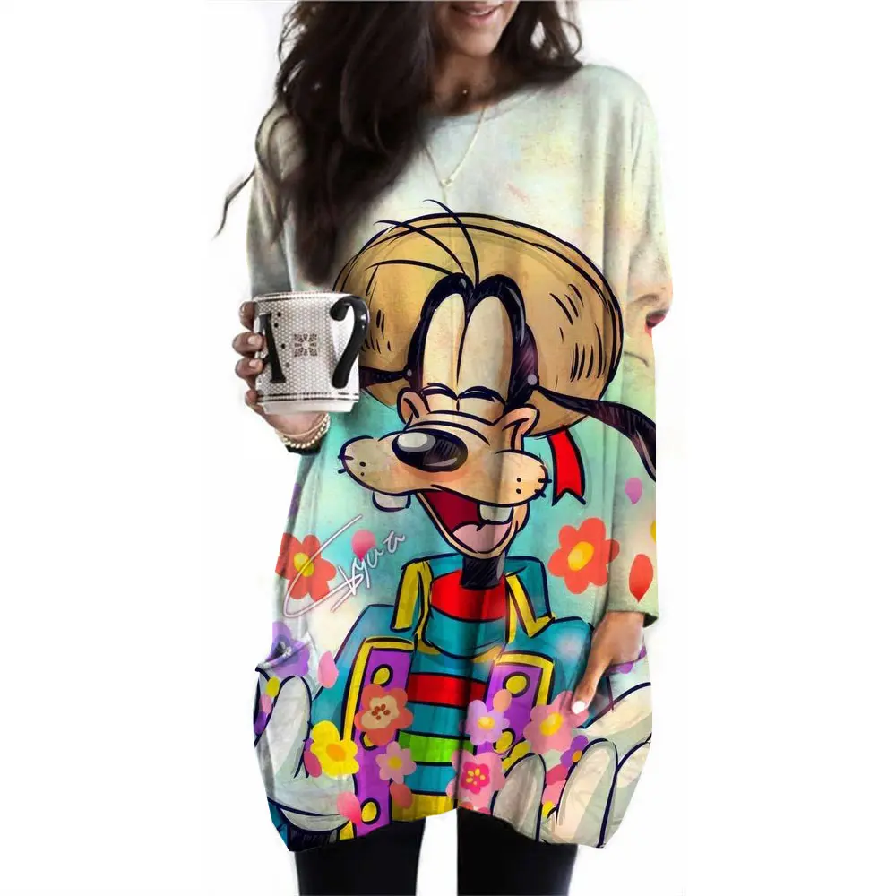 Women's casual Disney Goofy printed long sleeved round neck pocket T-shirt sports shirt women's T-shirt women's top