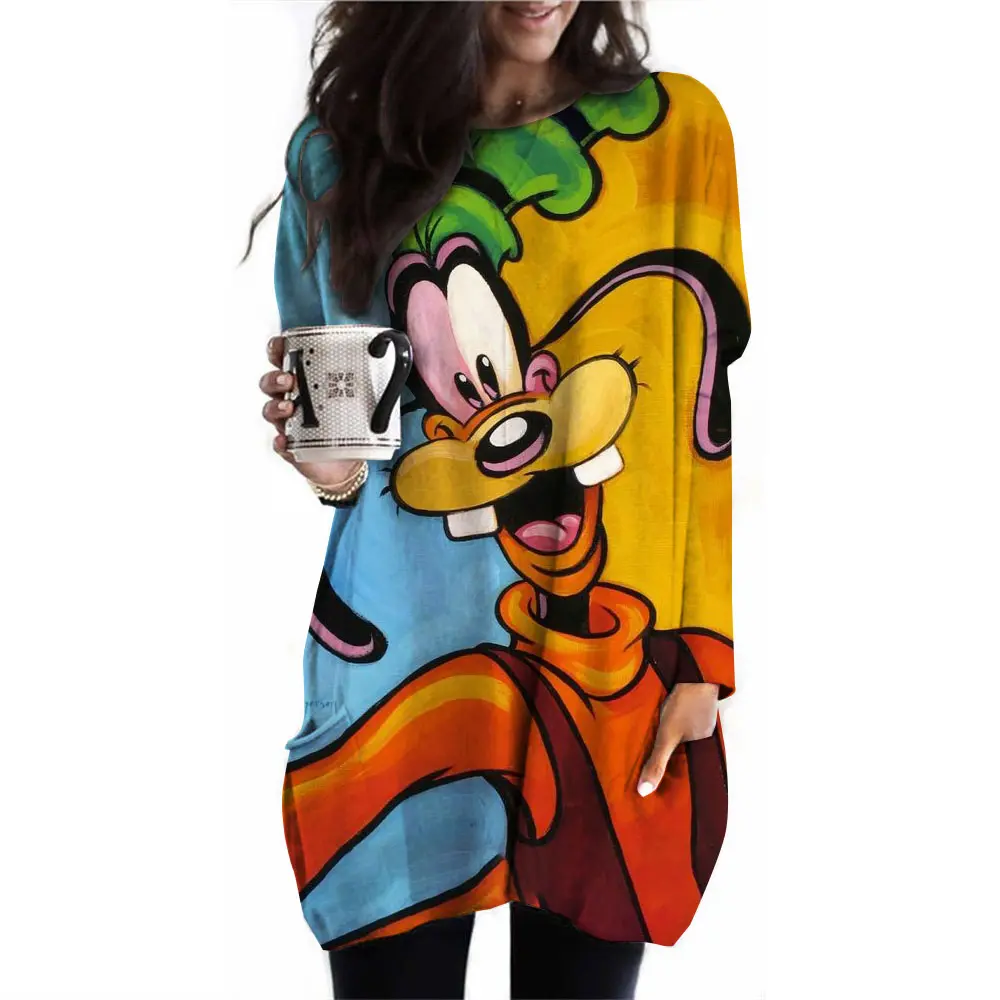 New Disney Goofy Women's T-shirt Casual Women's Pocket T-shirt Clothing Round Neck Pullover Oversized Sports Shirt Women's Autum