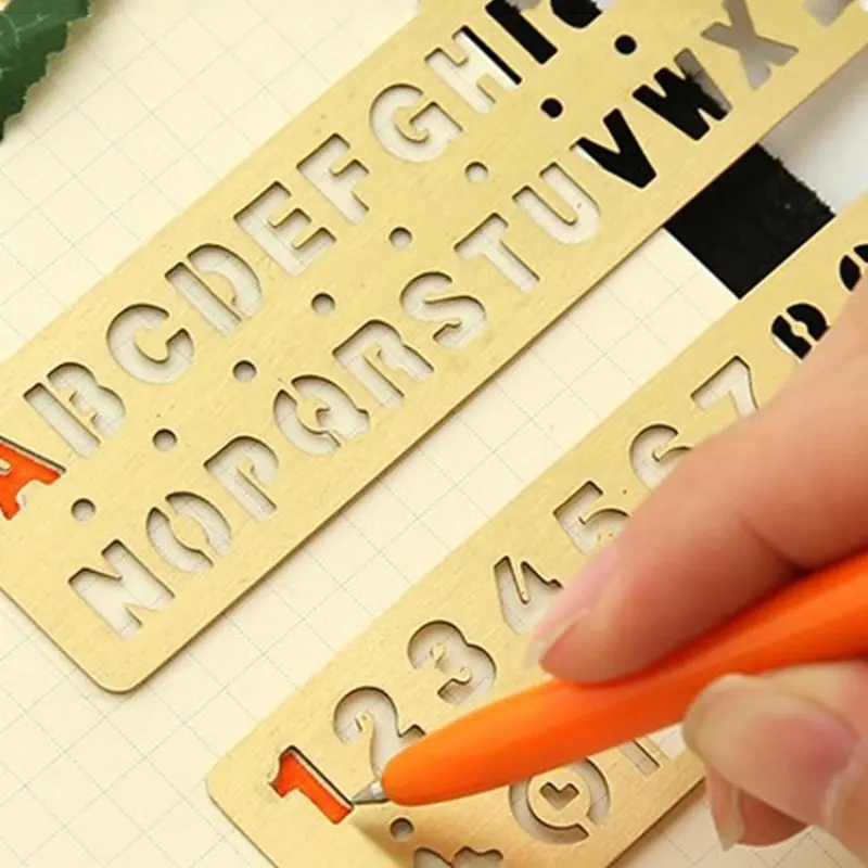1Pc Multifunctional Drawing Stencil Bookmark Metal Hollow Straight Ruler Number Letter Pattern Bookmark Measuring Tool
