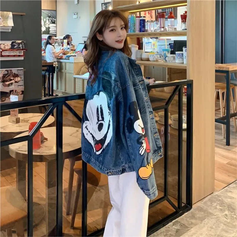 Cartoon Clothing retro Printed Denim Jacket Women  Autumn New Loose Large Size Jacket Cartoon Casual Top loose jacket