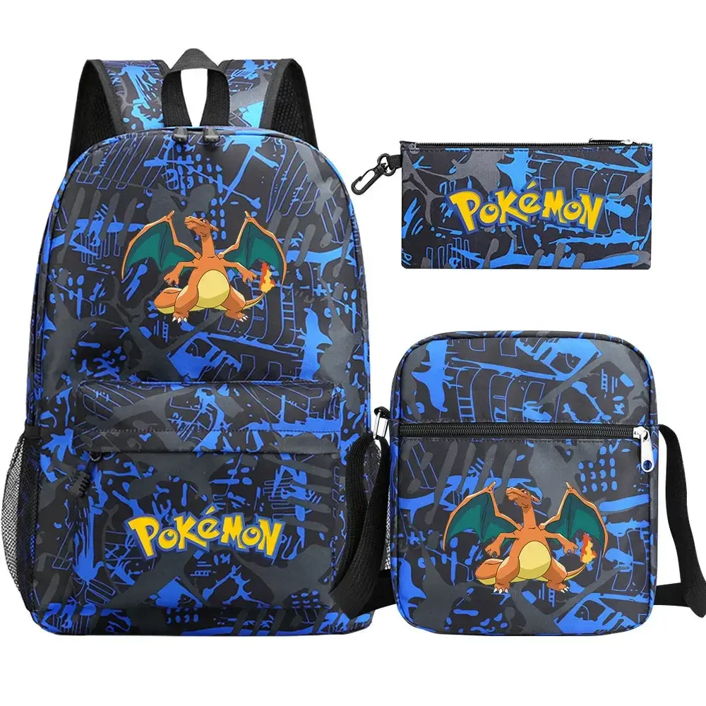 New Charmander Charizard Gengar 3Pcs Boy Girl Kids School Book Bags Travel Backpack Shoulder  Bag Pen Bags For Men Women