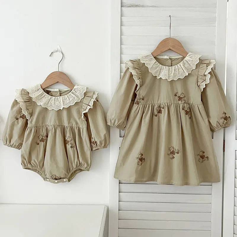 2024 Sister Clothes Baby Girl Dress Bodysuit Autumn Sister Dress Doll Collar Lace Embroidered One Piece Clothes Ruffled Dress