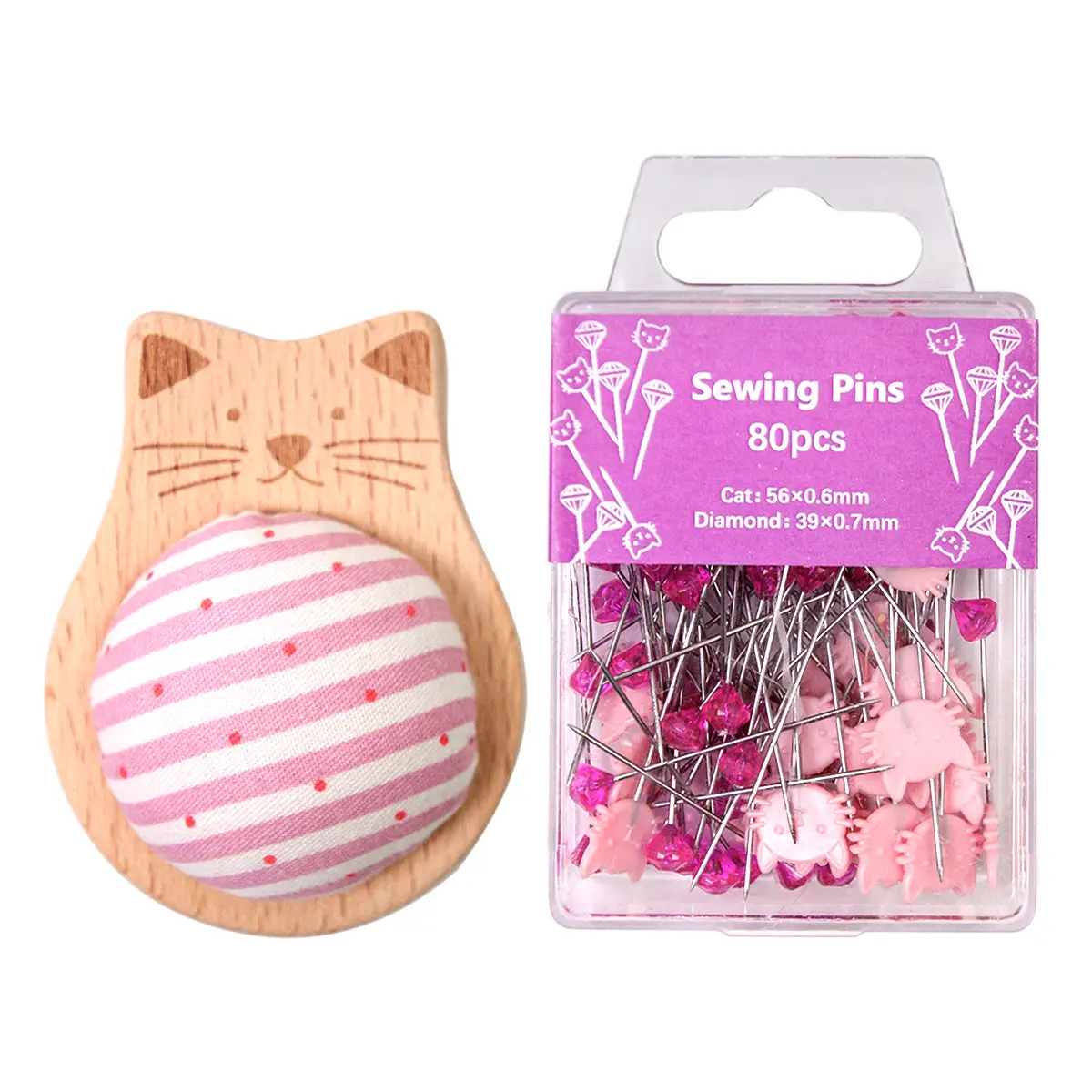 Striped Cat Pin Cushion with Positioning Pins for Dressmaker Quilting Supplies for Crafts Making Sewing Project