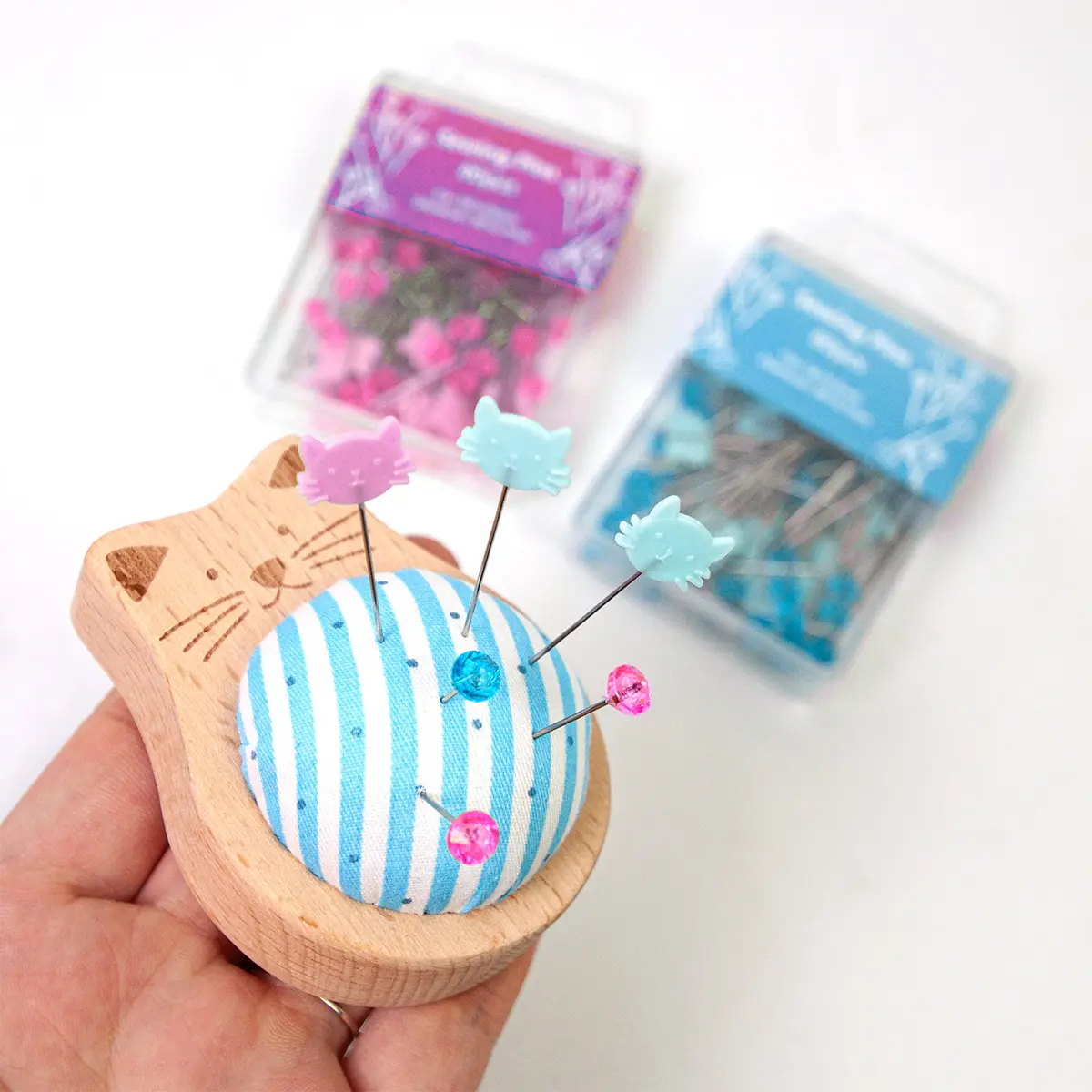 Striped Cat Pin Cushion with Positioning Pins for Dressmaker Quilting Supplies for Crafts Making Sewing Project