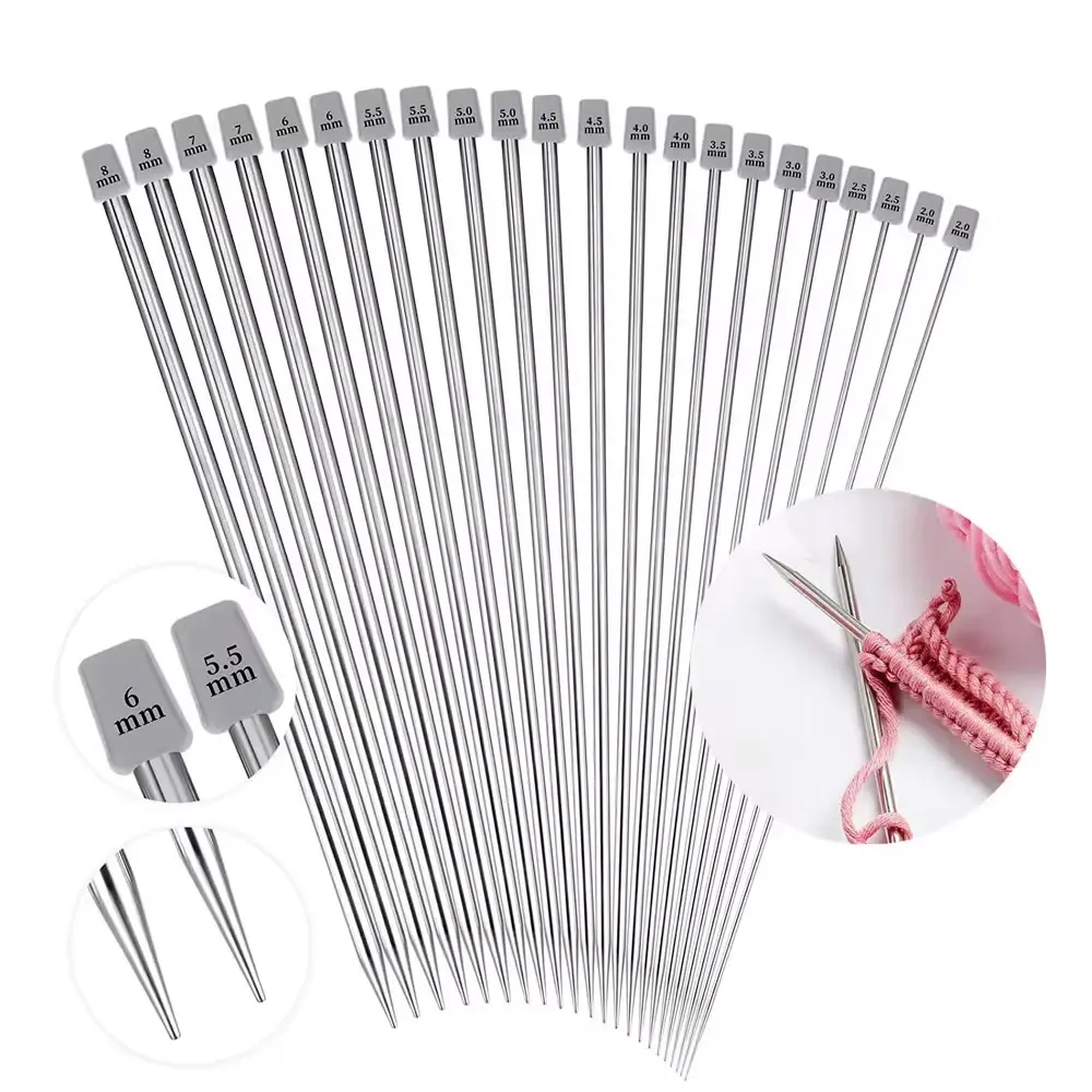 22Pcs Stainless Steel Knitting Needles 2 mm-8 mm Straight Single Pointed Crochet Hook Sets 25/35cm Sweater Needles for Knitting