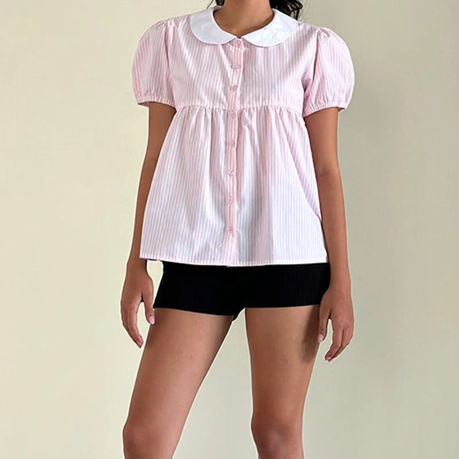 Gaono Cute Girl Short Sleeve Doll Collar Babydoll Blouse Y2k Streetwear Women Tshirt Cottage Button-down Summer Striped Crop Top