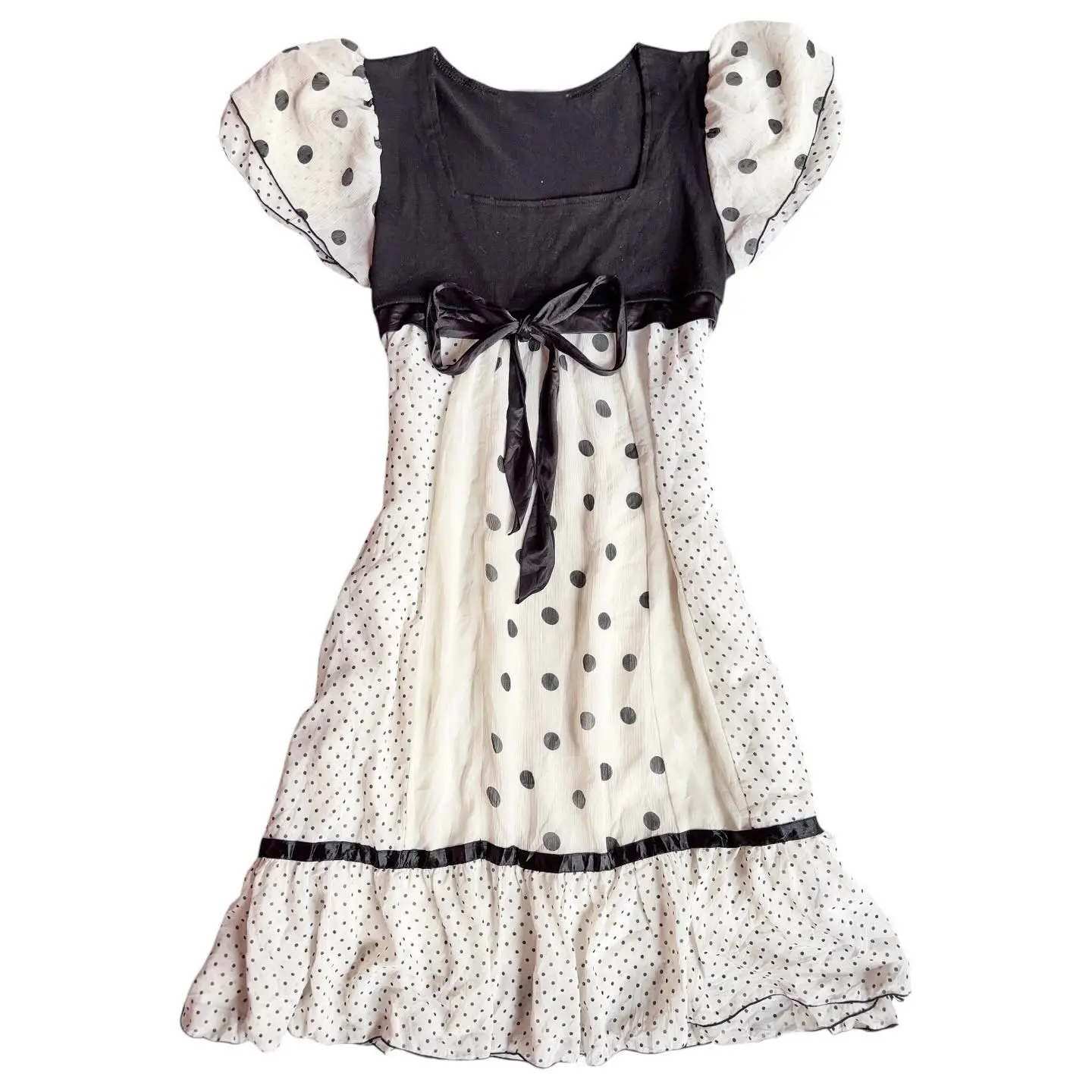 Y2k French retro polka dot sweet short-sleeved dress for women in summer black and white patchwork design bow tie slimming dress