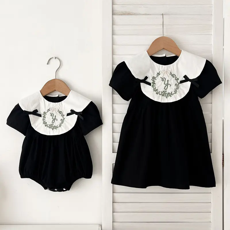 2025 Sister Clothes Baby Girl Dress Bodysuit Bow Party Summer Sister Dress Doll Collar Lace Embroidered One Piece Clothes Dress