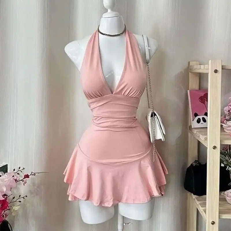 Solid Color Dress Casual Chic Dinner American Retro Hip-Hop Streetwear 2000s Crop Top Pastoral Girl Sexy Commuting Women's Dress