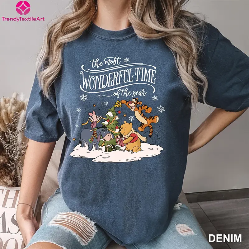 Winnie the Pooh  Christmas Shirt Disney Christmas Short Sleeved T-Shirt Women Fashionable Round Neck Casual Sports Versatile Top