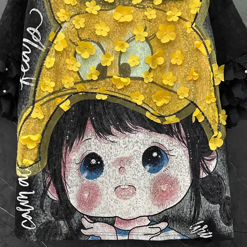 2025 Summer Tees Heavy Industry New Kawaii Girl 3D Decal Decoration Short-sleeved T-shirt Loose Casual Sweet Top Pullover Ladies
