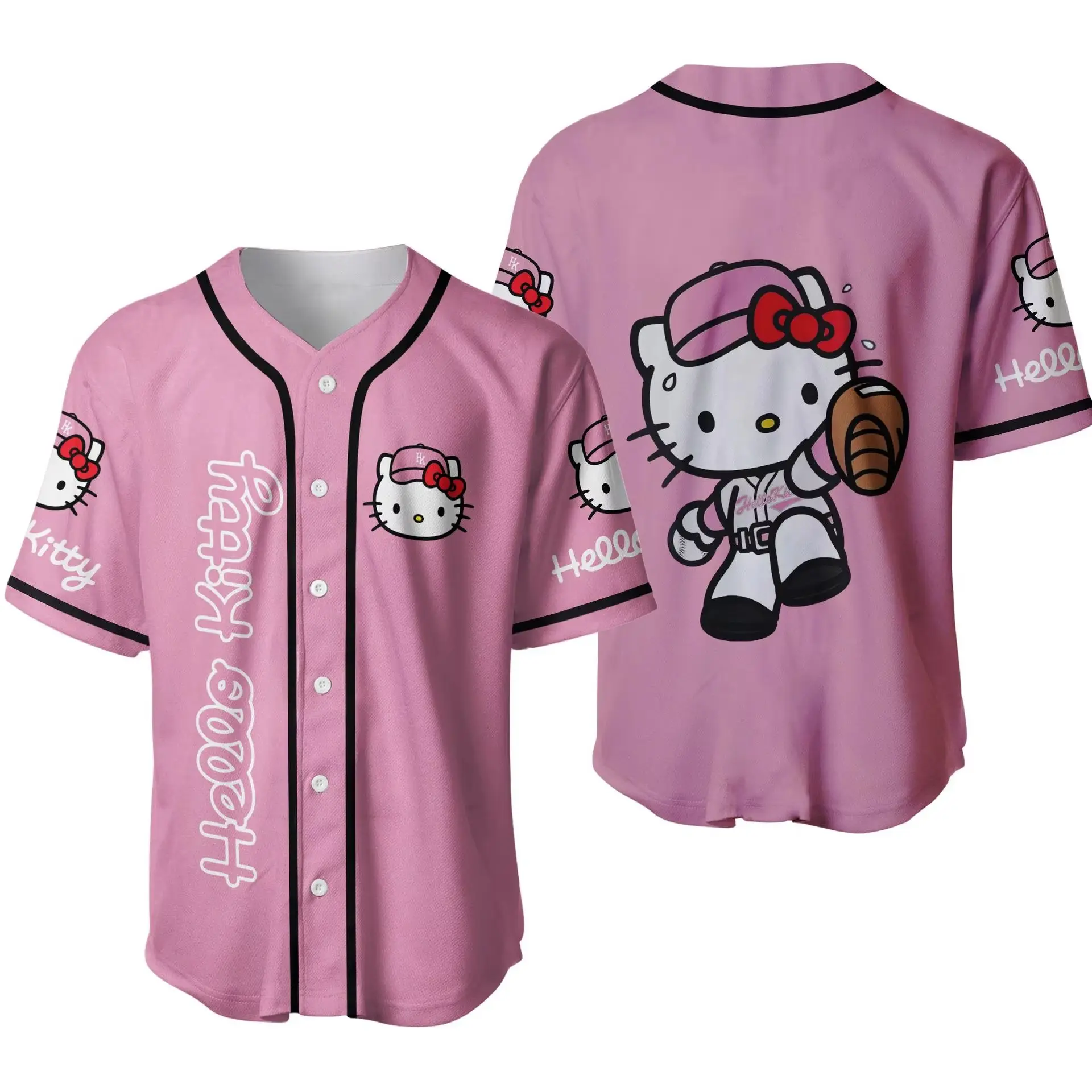 Disney Baseball Jersey 3D Printed Hello Kitty Short-Sleeved Jersey Button Opening Quick-Drying Girls' Sports Training T-shirt To