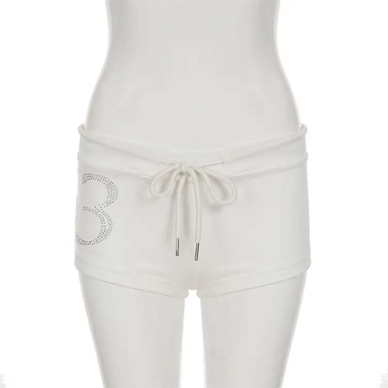 Women Hot Shorts Casual Summer Rhinestone Number Print Drawstring Short Pants for Vacation Beach Club Y2K Streetwear