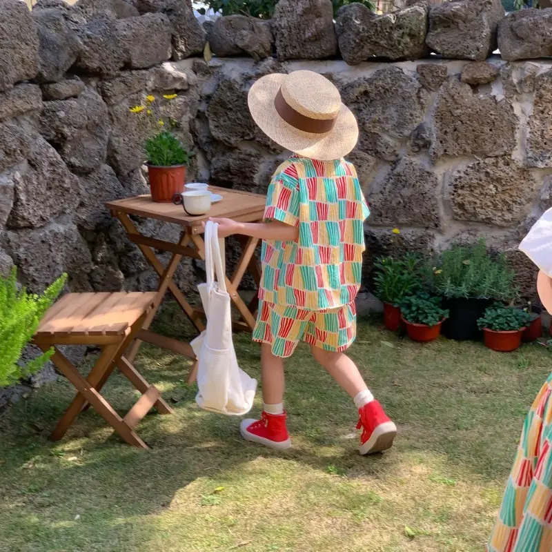 Summer Sibling Sets Korean Style Brother Sister Outfits Color Block Stripe Shorts+Shirt/ Vest Dress Family Vacation Wear X2357