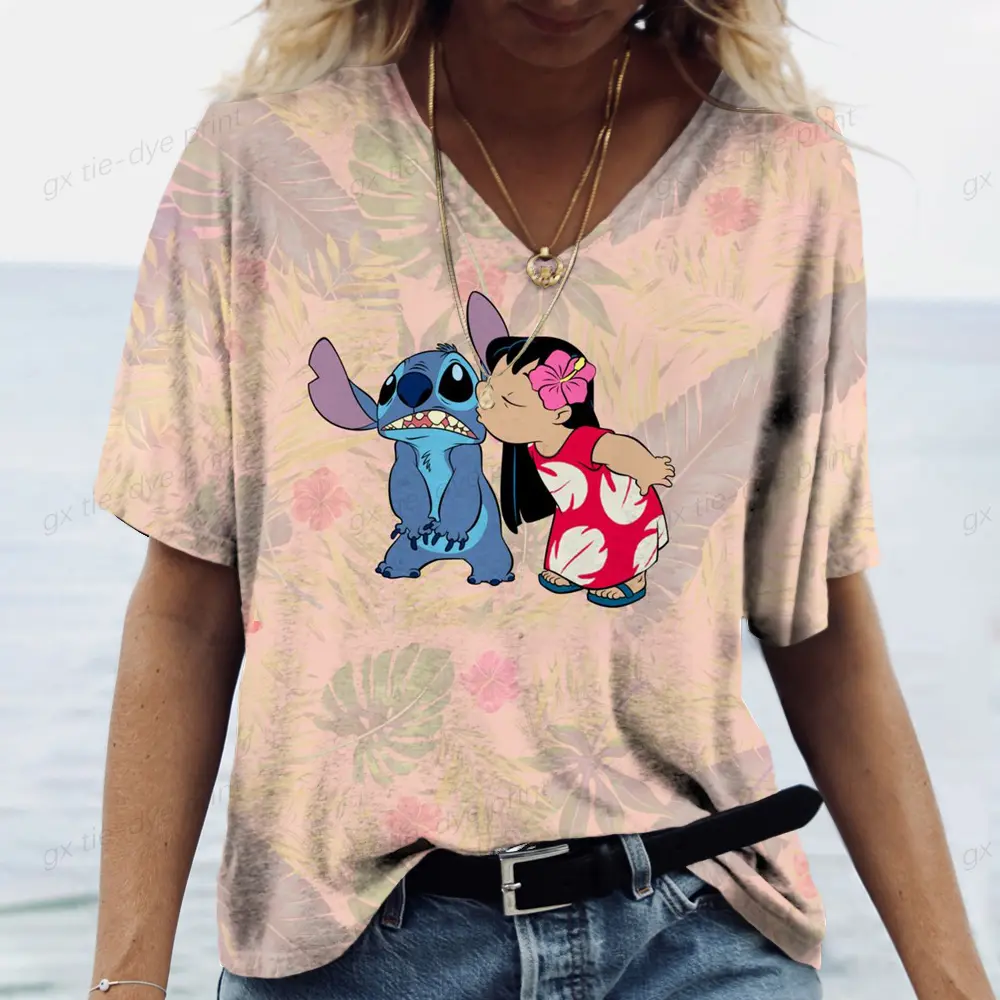 Summer V-neck T-shirt Loose and Comfortable Lilo&Stitch Printed Simple Fashion Street Women's T-shirt Daily Top Clothing