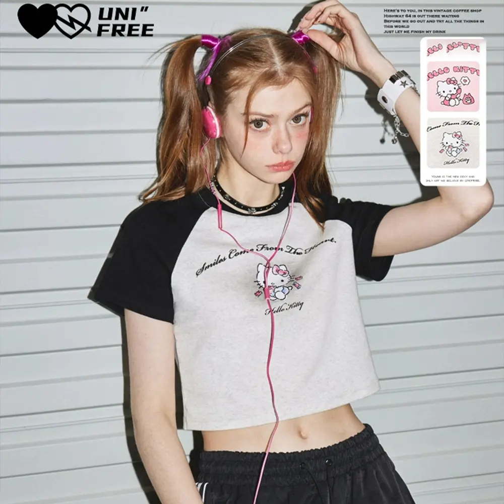 Anime Hello Kitty T-Shirt Sanrios Kawaii Figure Summer Short Sleeve New Style Short Sweet Kt Tops Student Hot Girl Trend Fashion