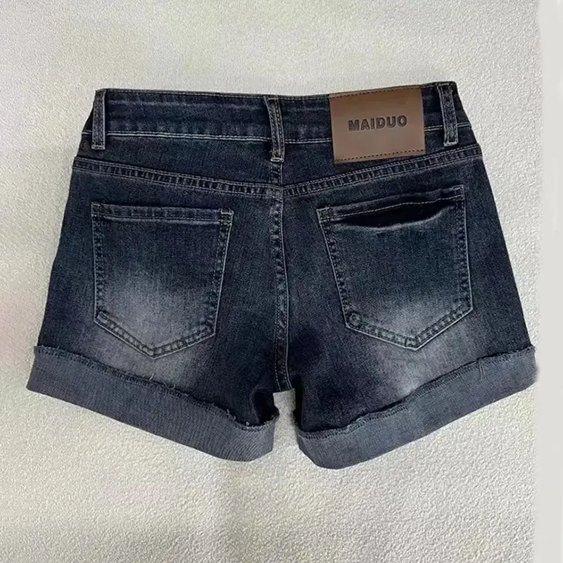 Retro Roll Up Hem Deep Blue Denim Shorts Women Summer Sexy Low Rise Hip Covering Jean Shorts Girl Hot Vintage Streewear Bottoms