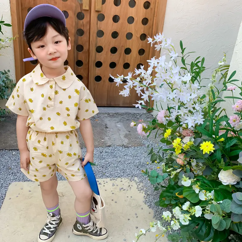 Brother and Sister Matching Outfit 2025 New Summer Boys Short Sleeves Shirts Shorts Sets Girl Chrysanthemum Floral Dress X2051