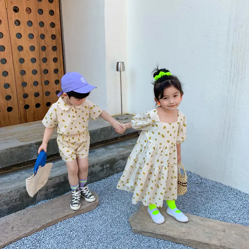 Brother and Sister Matching Outfit 2025 New Summer Boys Short Sleeves Shirts Shorts Sets Girl Chrysanthemum Floral Dress X2051