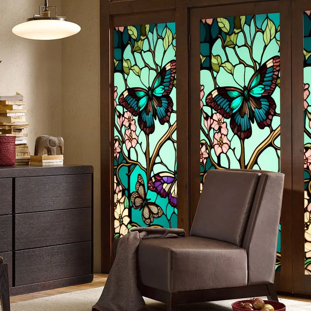 45CMx100CM Flower Bird Window Glass Sticker DIY Retro PVC Static Window Sticker Waterproof Thickened Window Privacy Film Sticker