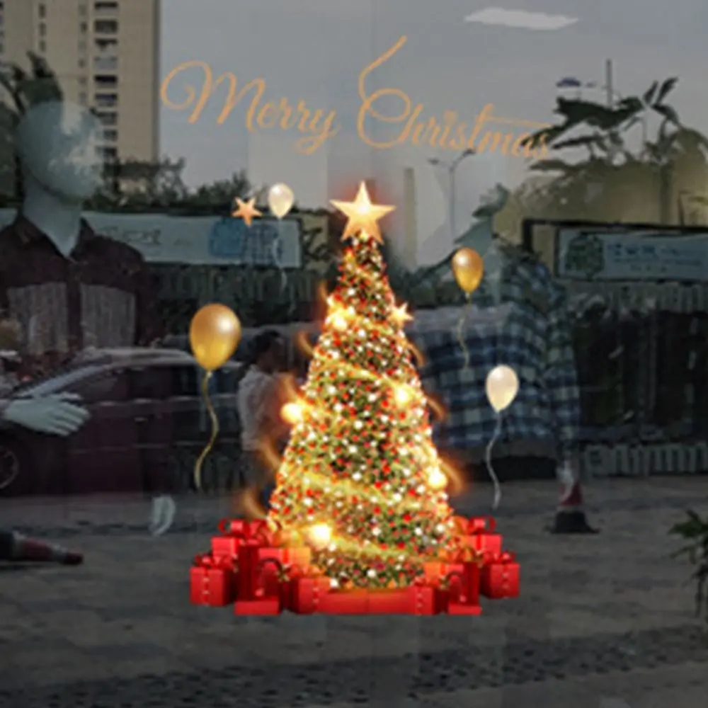 Cartoon Pattern Christmas Tree Window Stickers DIY Waterproof Glass Wall Sticker Portable Transparent PVC Festival Decals