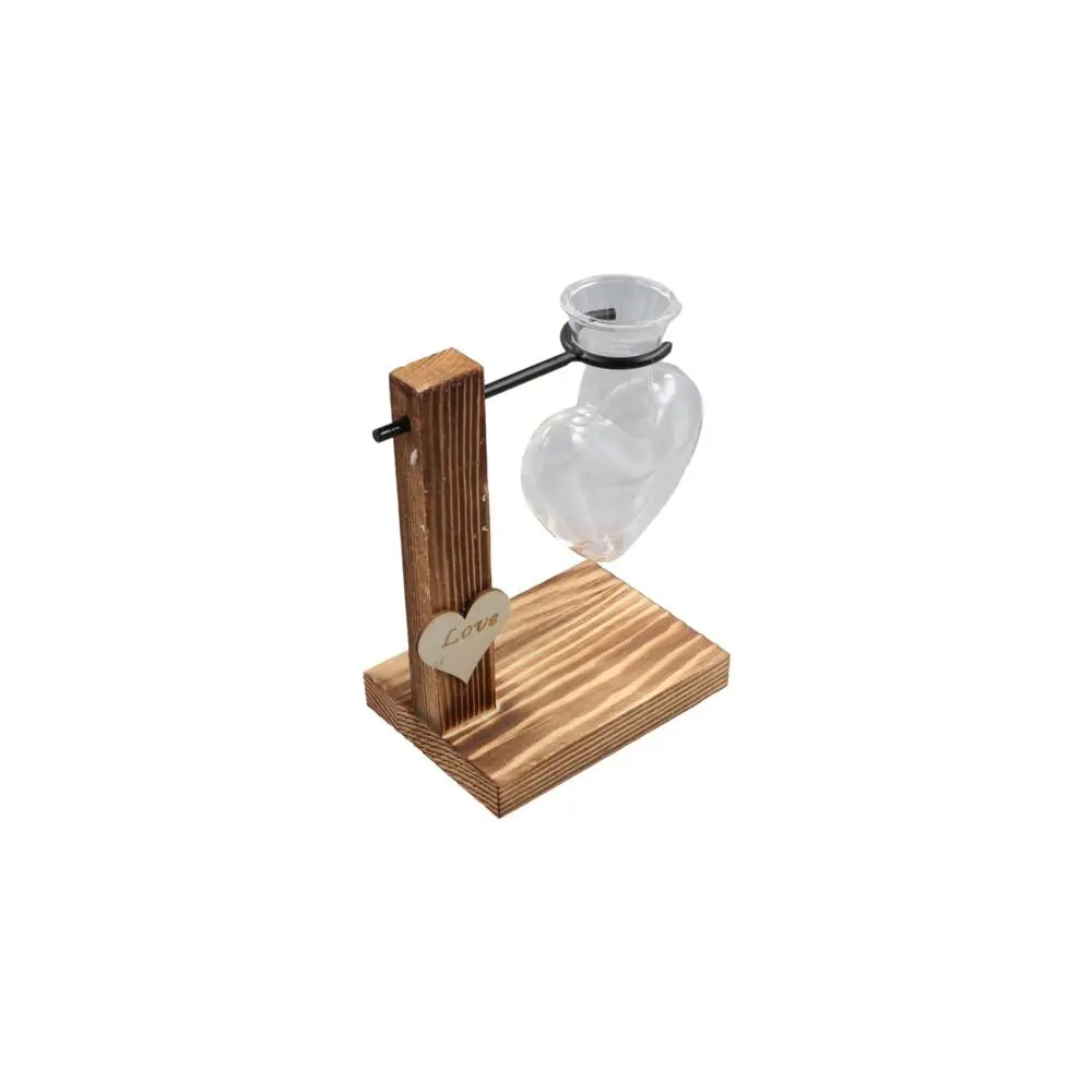 Heart Shape Wood Frame Vase Glass Wooden Stand Hydroponic Flower Vase Transparent Hydroponic Transparent Glass Vase Desktop