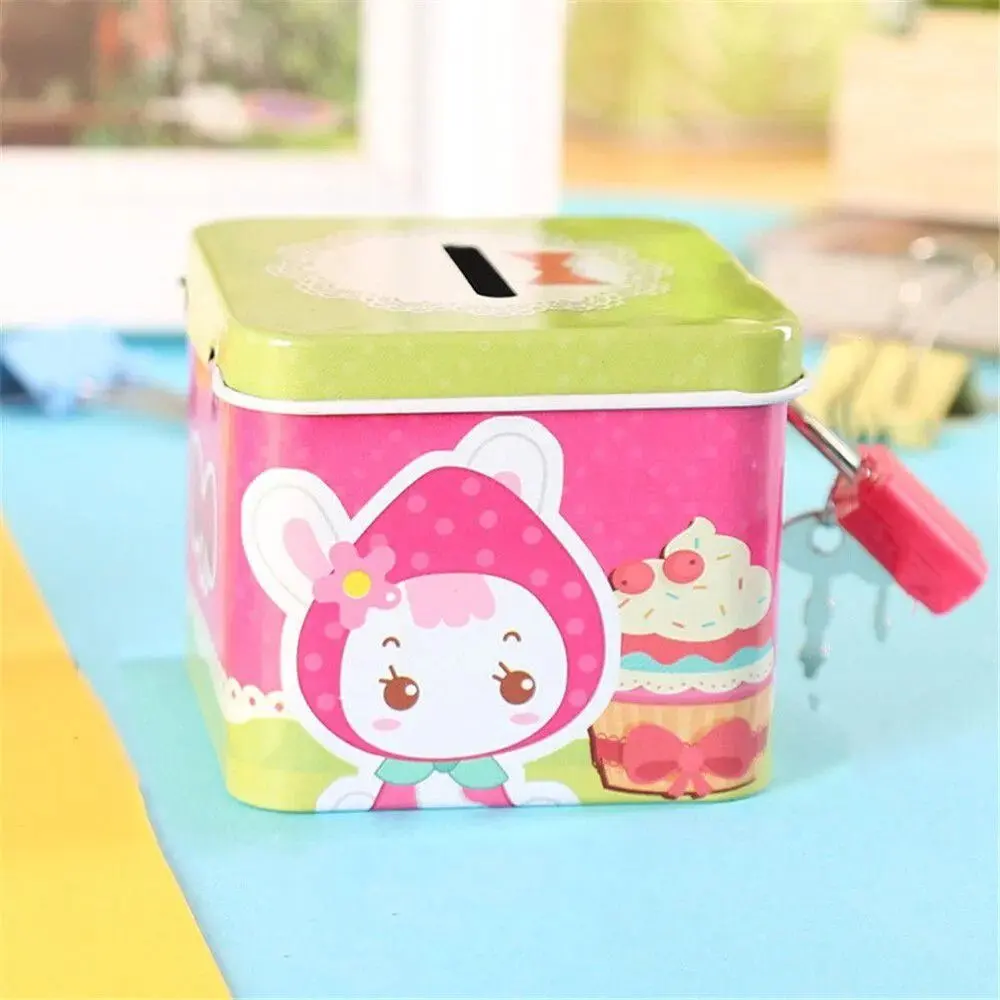 Creative Cute Cartoon Piggy Bank With Lock Tinplate Square Change Jar Cartoon Metal Jewelry Box Prize Gift