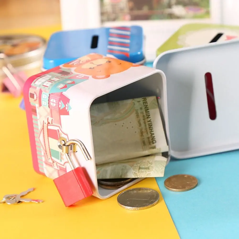 Creative Cute Cartoon Piggy Bank With Lock Tinplate Square Change Jar Cartoon Metal Jewelry Box Prize Gift