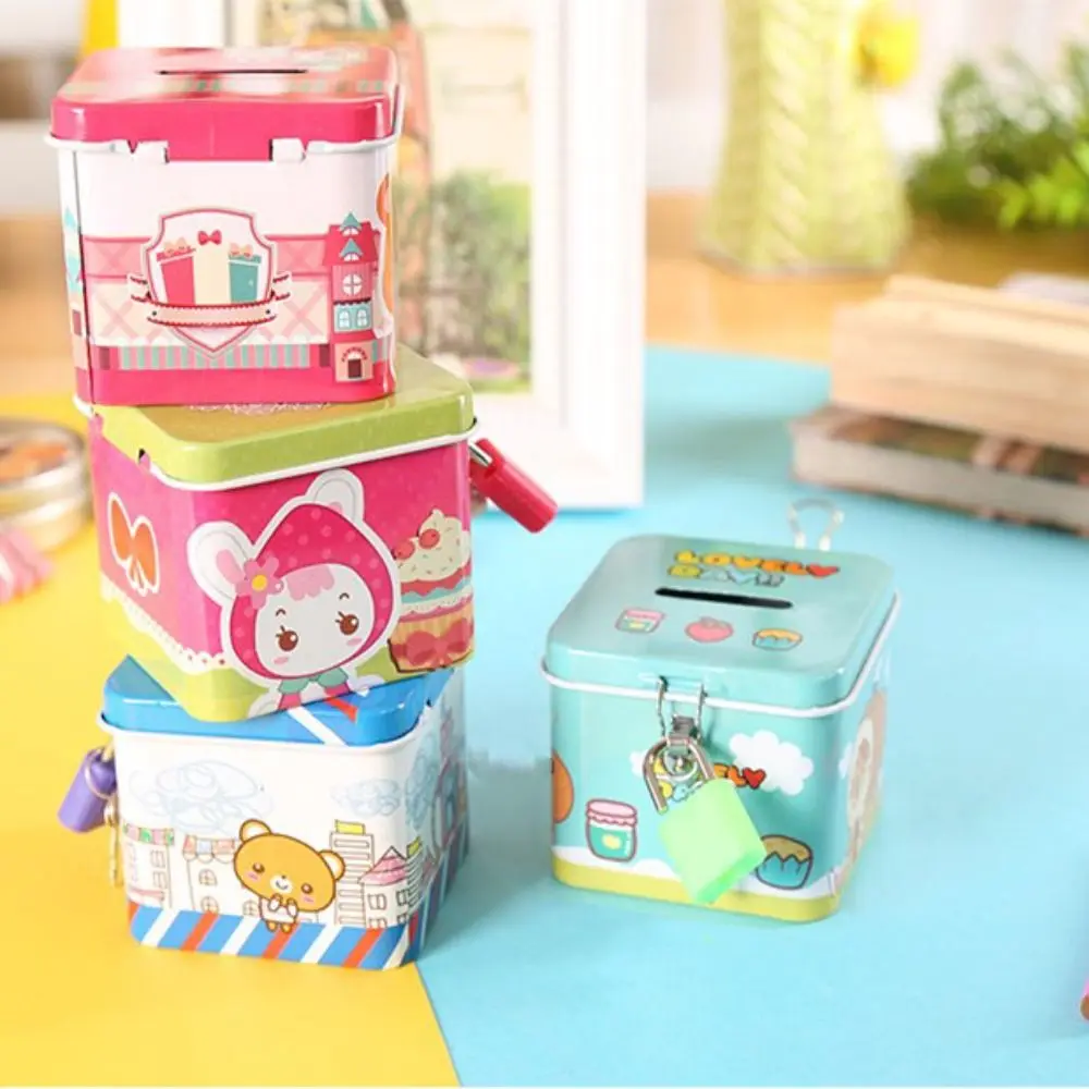Creative Cute Cartoon Piggy Bank With Lock Tinplate Square Change Jar Cartoon Metal Jewelry Box Prize Gift