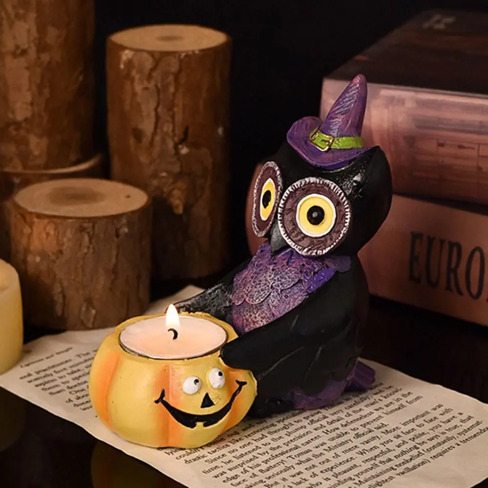 Unique Resin Gothic Owl Statue Decorative Cartoon Gothic Owl Candle Holder Cute Owl Candlestick Ornaments Ghost Holiday