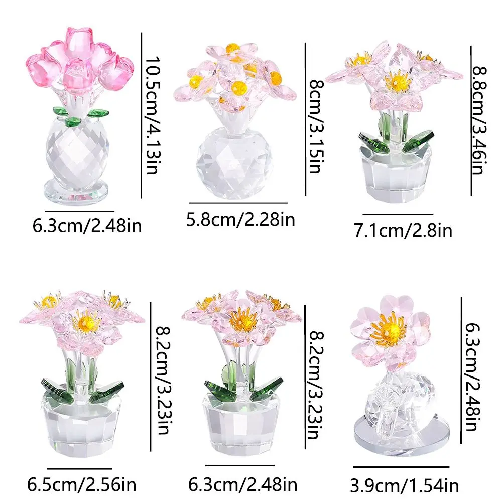 Handcraft Crystal Flower Statue Clear Base Rose Tulip Mini Glass Flower Sculpture Shiny High Transparence