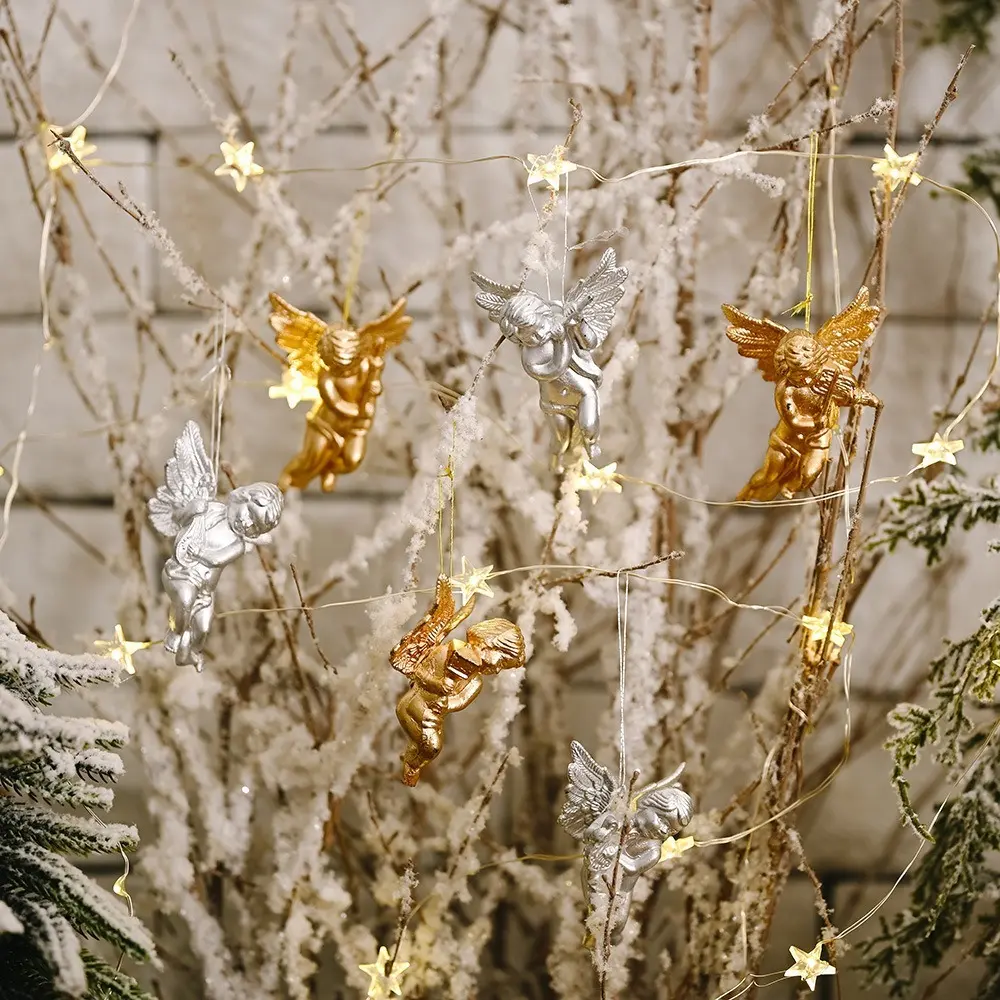 6pcs Gold/Silver Christmas Angel Pendant with Hanging Rope Electroplated Christmas Tree Hanging Ornaments Lightweight