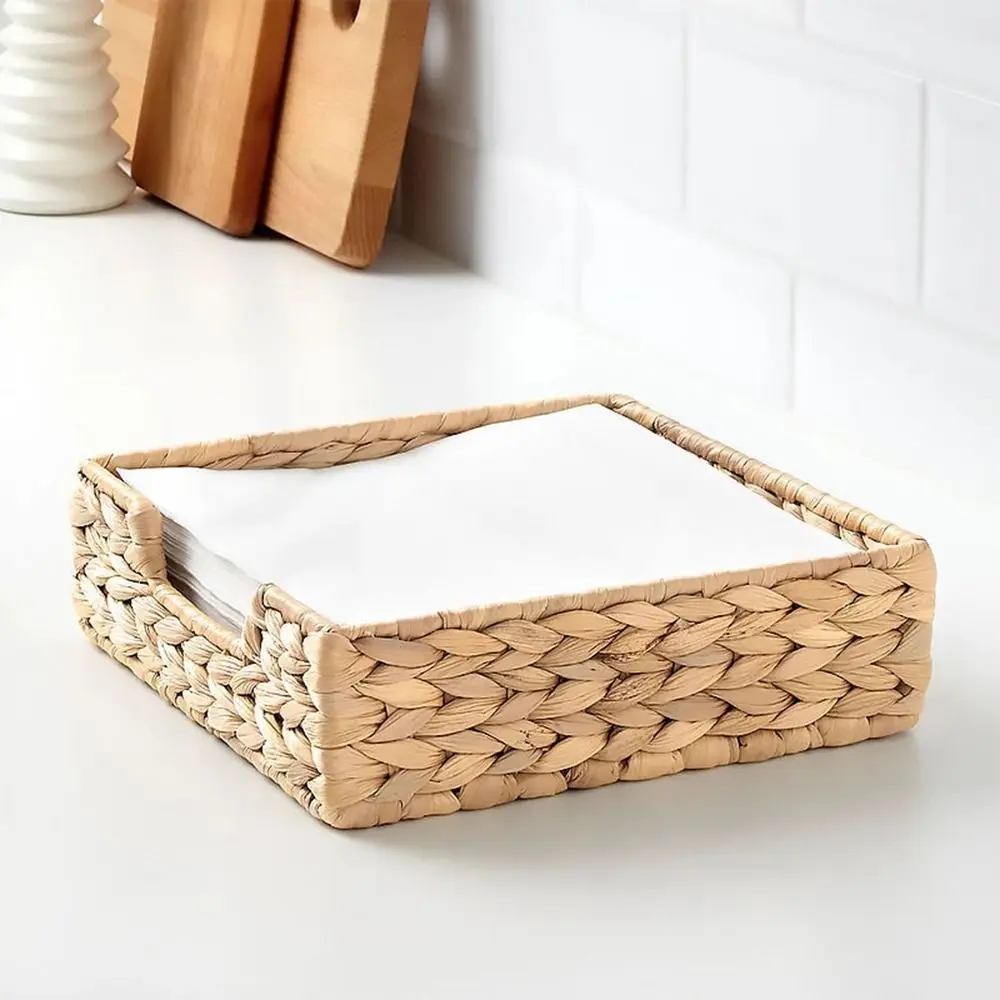 Straw Woven Water Hyacinth Napkin Holder Natural Handmade Grass Woven Tissue Box Mildew Resistant Countryside Style