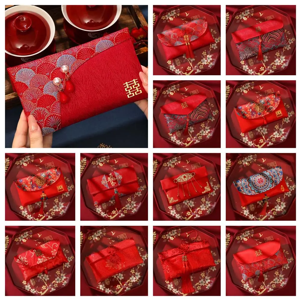 New Year Blessing Words Brocade Red Envelope Spring Festival Brocade Cloth Tassel 2025 Money Pocket HongBao Best Wishes