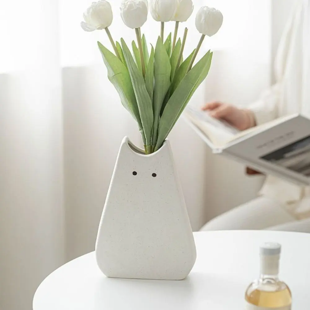 Nordic Cute Cat Ceramic Vase High-end Wide Mouthed Desktop Cat Vase Cartoon Hydroponic Vase Living Room