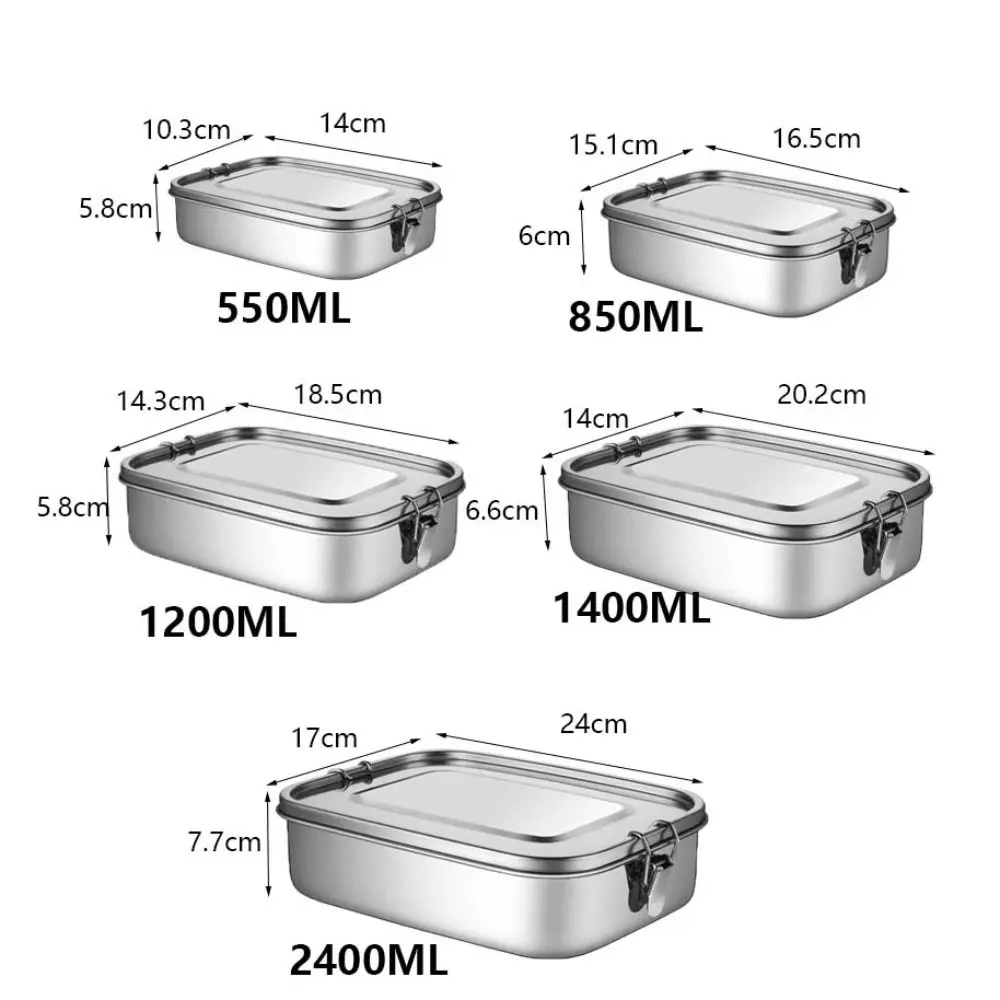 Rectangular 304 Stainless Steel Lunch Box Separated with Sealing Strip Food Container Removable Partitions Leakproof