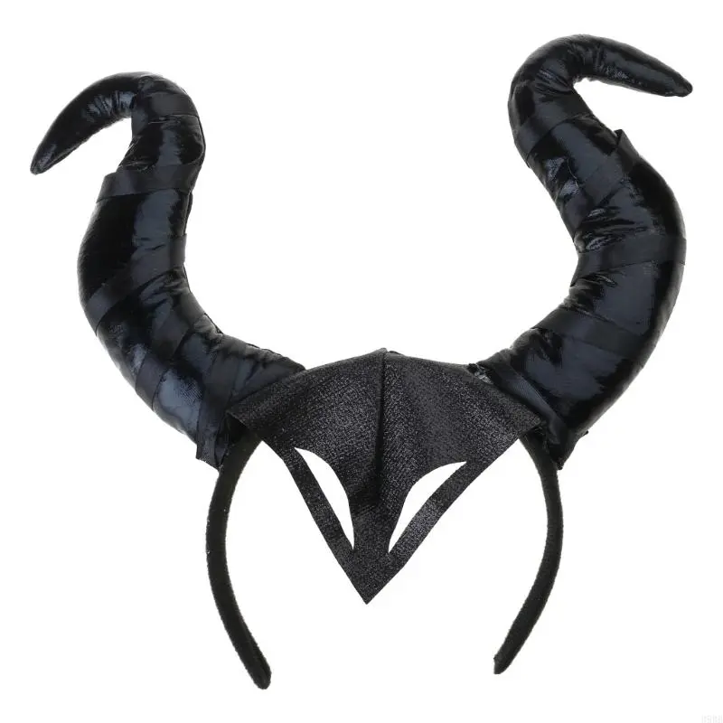 652F Children Kids Black Devil Wing Ox Horn Headband Halloween Witch Evil Queen Hair Hoop Performances Cosplay Props