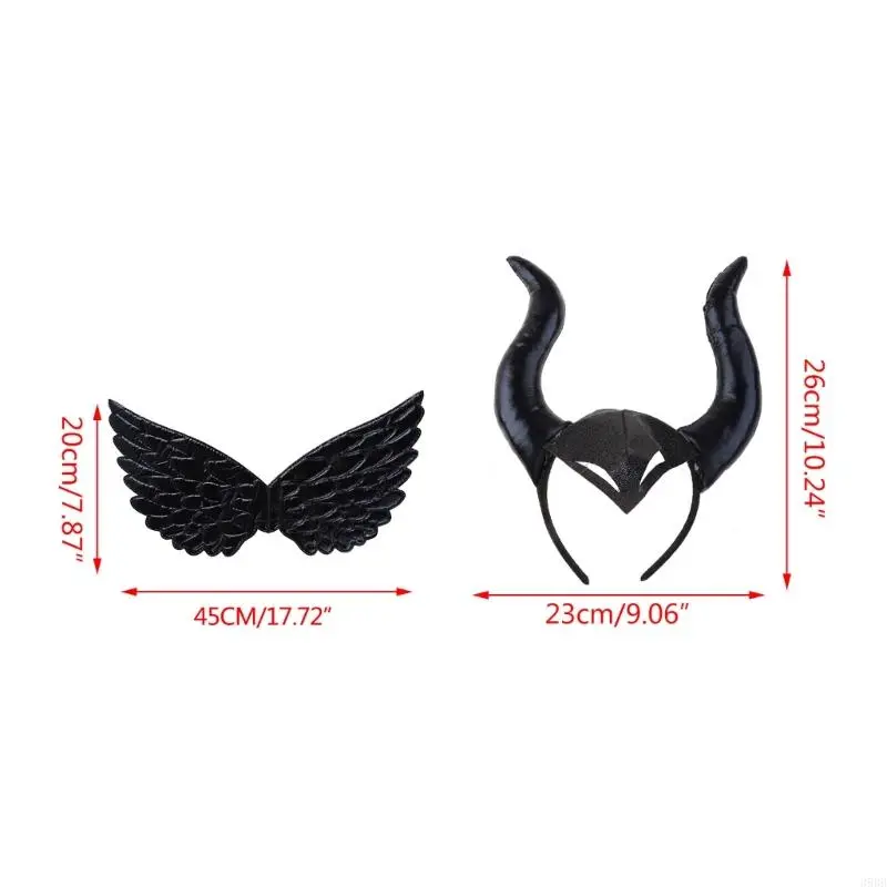 652F Children Kids Black Devil Wing Ox Horn Headband Halloween Witch Evil Queen Hair Hoop Performances Cosplay Props