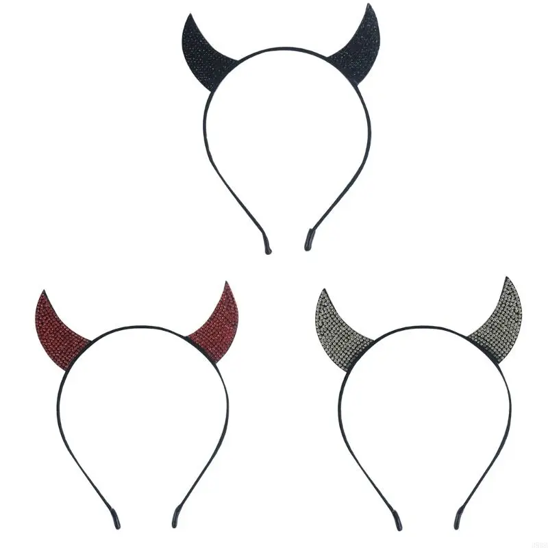 652F Vintage Devil Horns Hair Hoop Rhinestones Crystal Headwear Headband Halloween Party Halloween Themed Headband