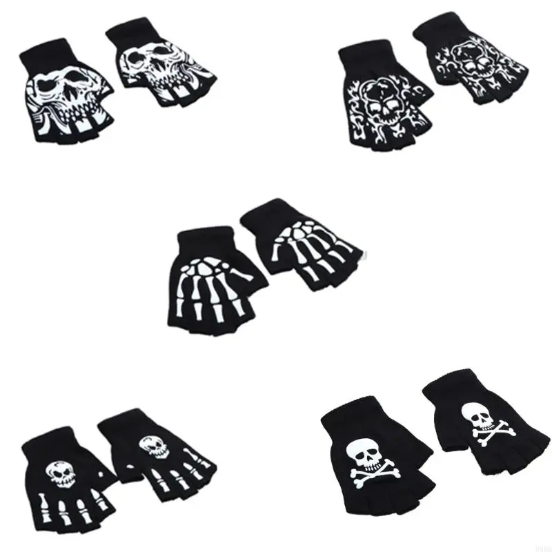 652F Skeleton Gloves Warm Thermal Gloves Half Finger Gloves Winter Warm Lining Stylish Handwear for Halloween