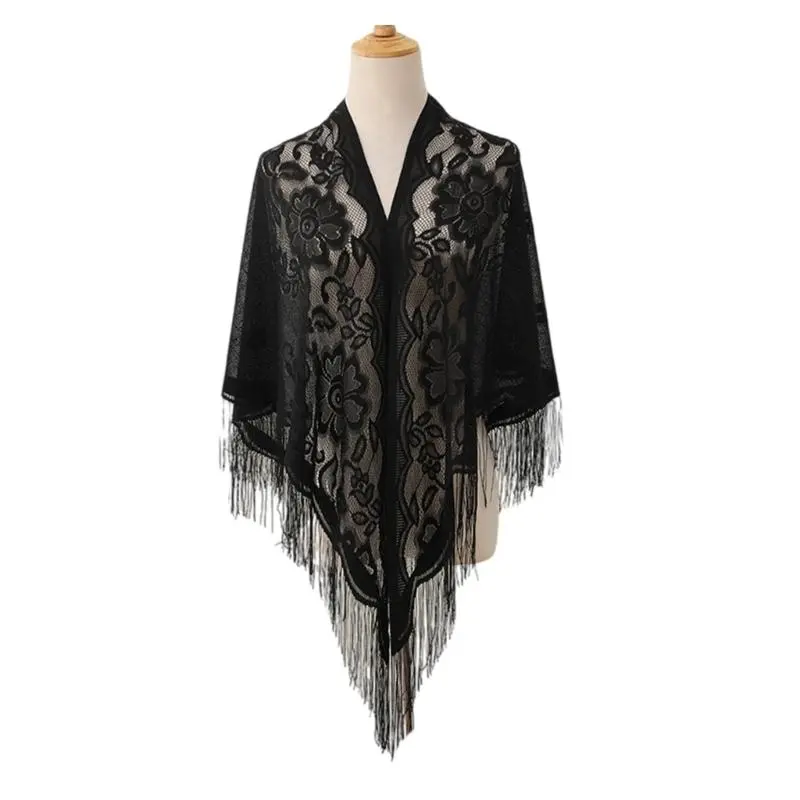 652F Women Lace Tassels Shoulder Wrap Sheer Flower Pattern Shawl for Women Girl Beach Vacation and Evening Parties