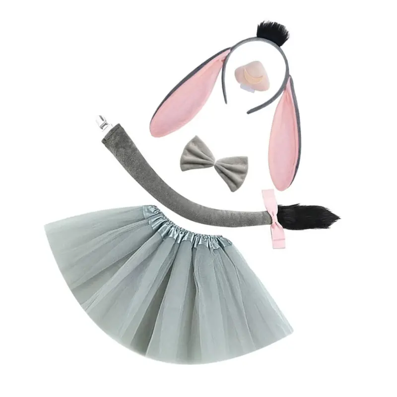 652F Donkey Role Playing Costume Set Donkey Headband Tail Bowtie Skirt for Kids Birthday Halloween Animal Cosplay Accessories
