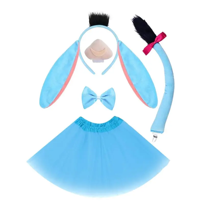 652F Donkey Role Playing Costume Set Donkey Headband Tail Bowtie Skirt for Kids Birthday Halloween Animal Cosplay Accessories